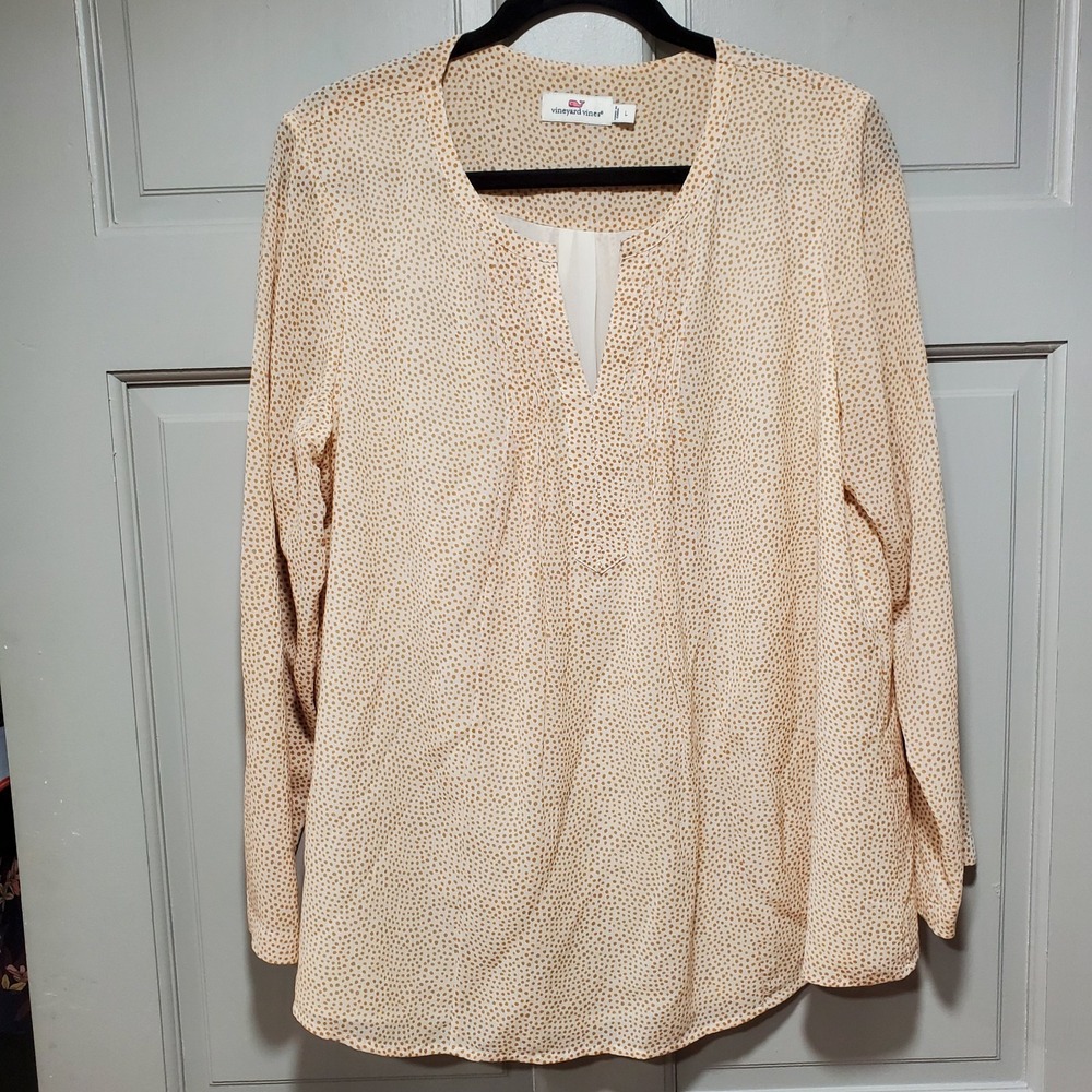 Vineyard Vines Women's Blouse L Cream With Polka Dots Long Sleeve Relaxed Fit